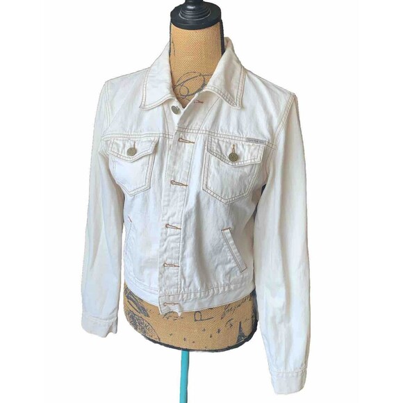Calvin Klein Cream Denim Trucker Crop Jacket w/Bronze Stitch MEDIUM EUC - Picture 1 of 10
